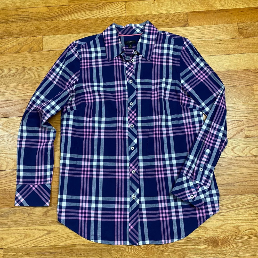 Talbots Plaid Button Down Shirt Womens Small Navy Pink Plaid Preppy Classic